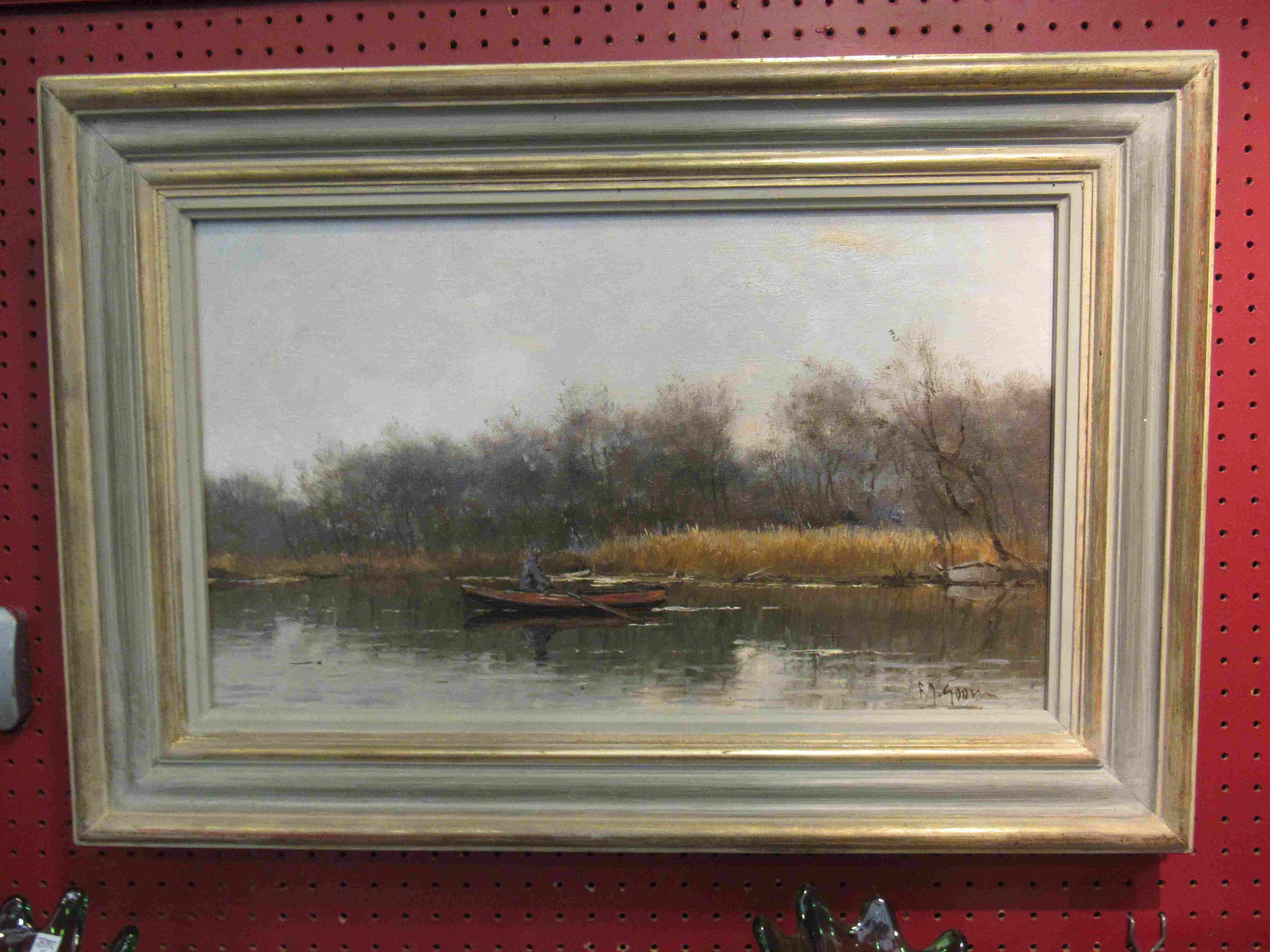 A 20th Century framed naive oil on canvas, man rowing boat on river,