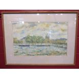 A large framed and glazed late 20th Century watercolour, Thames side buildings,