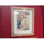 A framed and glazed Japanese woodblock print, details verso "Public Bath by Kujonaga", 13cm x 19.