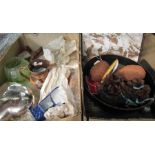 Two boxes containing assorted items including carved wooden items, lustre jug,