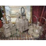 Three silver plated and glass cruet sets