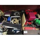 Two boxes of costume jewellery including necklaces, watches,