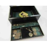 A leather jewellery box with coin contents