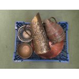 A box containing assorted metal wares including a 1920's coopered jug, a brass jug,