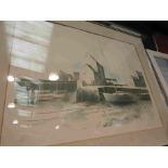 A limited edition framed print of boats in harbour, 42/250, signed,