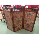 A three fold Victorian screen, spindle top over foliate fabric panels, a/f ,