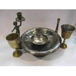 An Arts & Crafts plate on copper hammered pedestal bowl and a similar quaich,