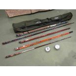 A Kassnar FL-0461 trout fishing reel and another with four various fishing rods including W.