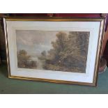 A watercolour depicting man fishing, Surrey, monogram lower left, gilt framed and glazed,