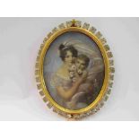 An oval miniature depicting mother and daughter in gilt frame mounted with stones,