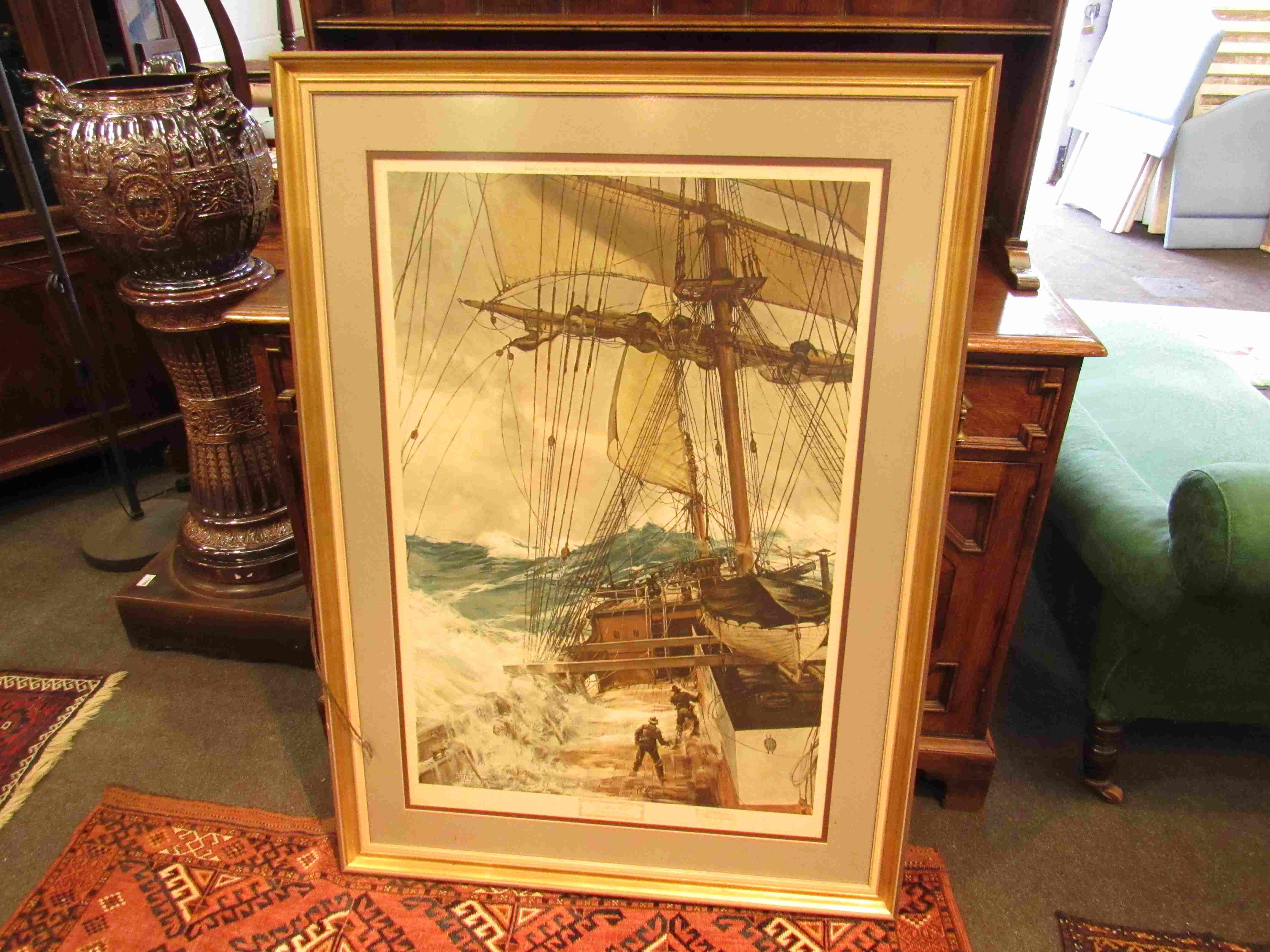 By and after Montague Dawson: "The Rising Wind", colour print, graphite signed.