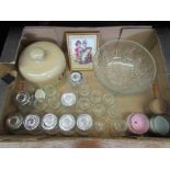 A box of kitchenalia including a quantity of herb storage jars, earthenware cheese dome etc.