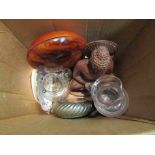 A box of mixed items including horn handled knives, Royal Crown Derby dish,