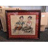 A Victorian needlepoint depicting two boys sitting on a bench, one playing an instrument,