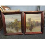 A pair of framed naive oils on canvas of riverside scenes, signed Sidney Lee, one a/f,