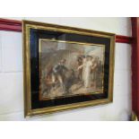 An etching on mirror depicting maiden and gentlemen on a beach, gilt framed and glazed,