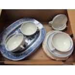 A box containing blue and white including a meat plate and soup dishes,