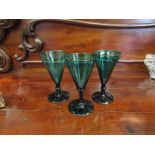 A selection of wine glasses including Bristol green trumpet form port glasses