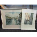 A framed and glazed coloured etching, Venice bridge indistinctly pencil signed,