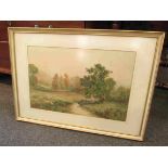 W.W. HODGES (XIX) A framed and glazed watercolour of sheep in a river valley pasture.
