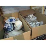 Two boxes of dinnerwares and ceramics including Duchess blue and white