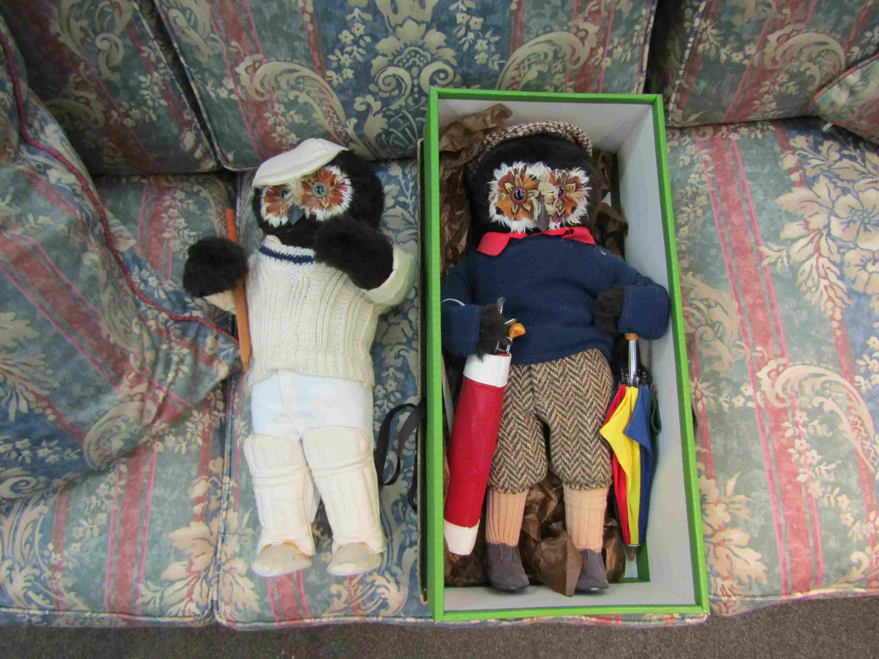 A Jungle Toys of London owl cricketer figure and boxed golfer figure