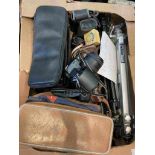 A box of miscellaneous cameras and equipment including Ilford, Agfa,