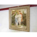 MAUD DANN 1907: Framed and glazed silk work depicting Roman era lovers,