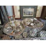 A silver plated tray and assorted ornaments