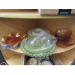 A selection of glassware including carnival glass dishes,