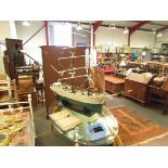 A model ship Barque including sails and a box of parts, Tin Hull,