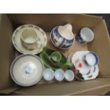 A box of mixed ceramics and tableware including Doulton Bunnykins and Wade Heath