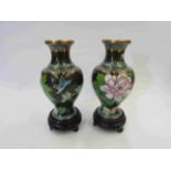 A pair of cloisonné bulbous body vases on stands,