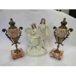 Staffordshire pottery depicting a seated lady figural group and gentleman a/f and a pair of red
