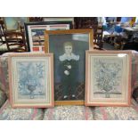 A box of five framed and glazed prints including floral arrangements and a boy in a green jacket