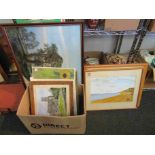 A box of assorted pictures and prints including beach scene,