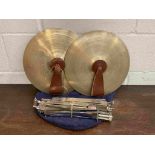 Three music stands and a pair of marching band cymbals (5)
