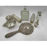 A selection of silver items including a hand mirror and twin handled footed dish
