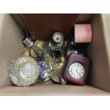 A box of mixed items including a pair of Doulton Burslem urns,