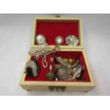 A box of jewellery including 9ct gold ring, silver brooches,