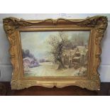 An ornately gilt framed oil on board of winter scene,