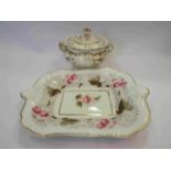 A Victorian lidded sucrier and a two-handled dish decorated with pink flowers,