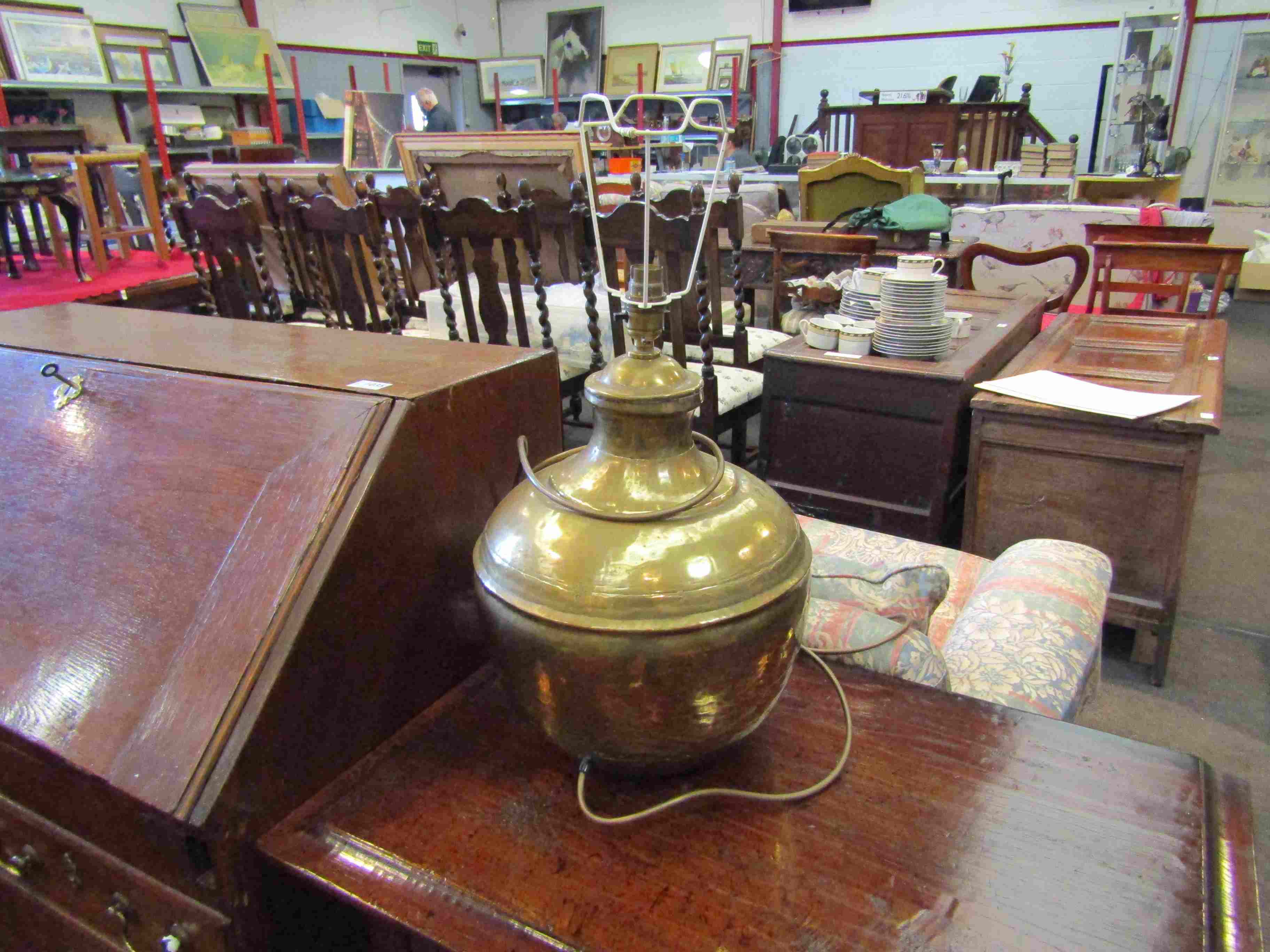 A brass table lamp