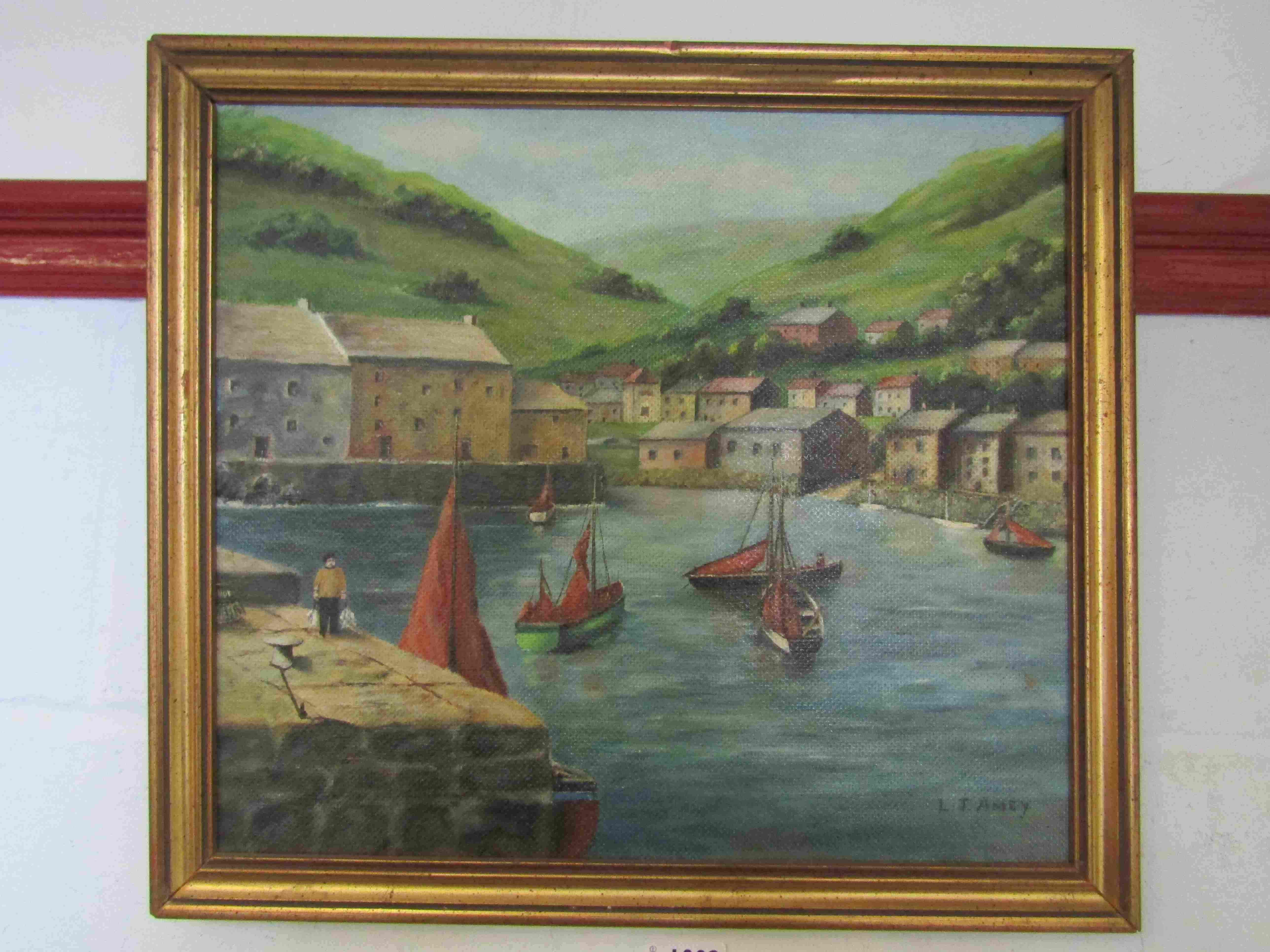 Oil on board, The Harbour at Polperro (Cornwall) by L T Amey, signed lower right, title verso,