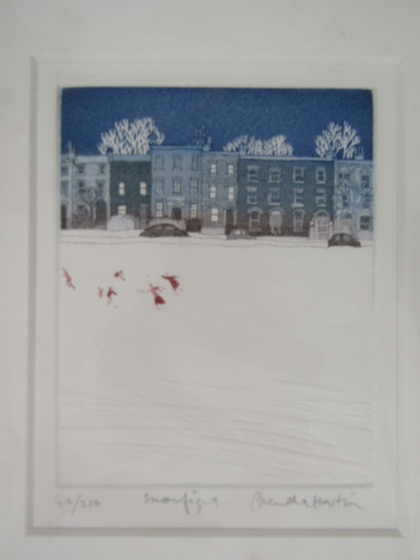 BRENDA MARTIN (XX): A framed and glazed coloured etching titled "Snow fight". Pencil signed and No. - Image 2 of 4