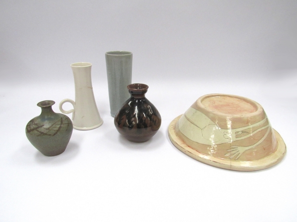 Five pieces of Studio pottery including a Lowerdown bud vase, Vivienne Ross Sgraffito bowl a/f etc.