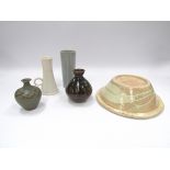 Five pieces of Studio pottery including a Lowerdown bud vase, Vivienne Ross Sgraffito bowl a/f etc.