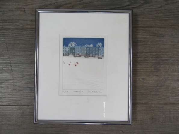 BRENDA MARTIN (XX): A framed and glazed coloured etching titled "Snow fight". Pencil signed and No.