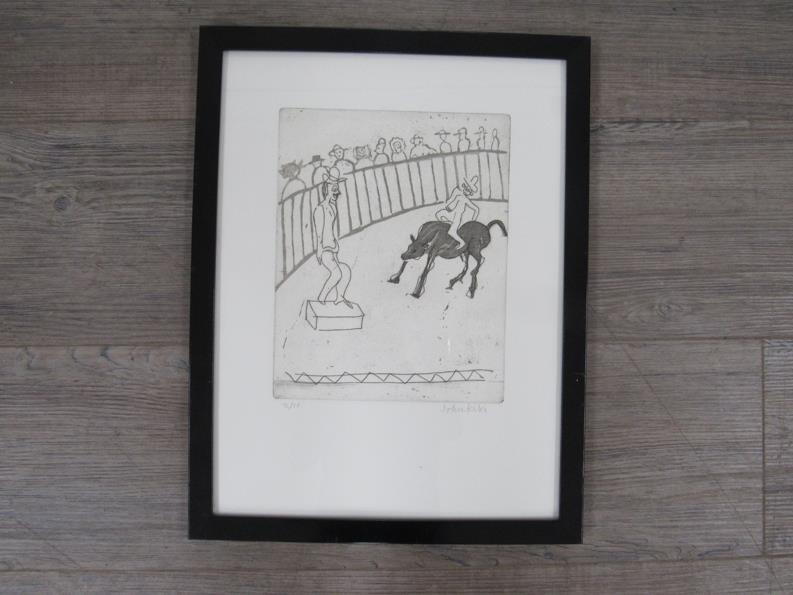 JOHN KIKI (b.1943): A framed and glazed etching untitled circus series scene, pencil signed and No.