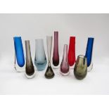 A collection of nine Whitefriars vases in various colours (some a/f).